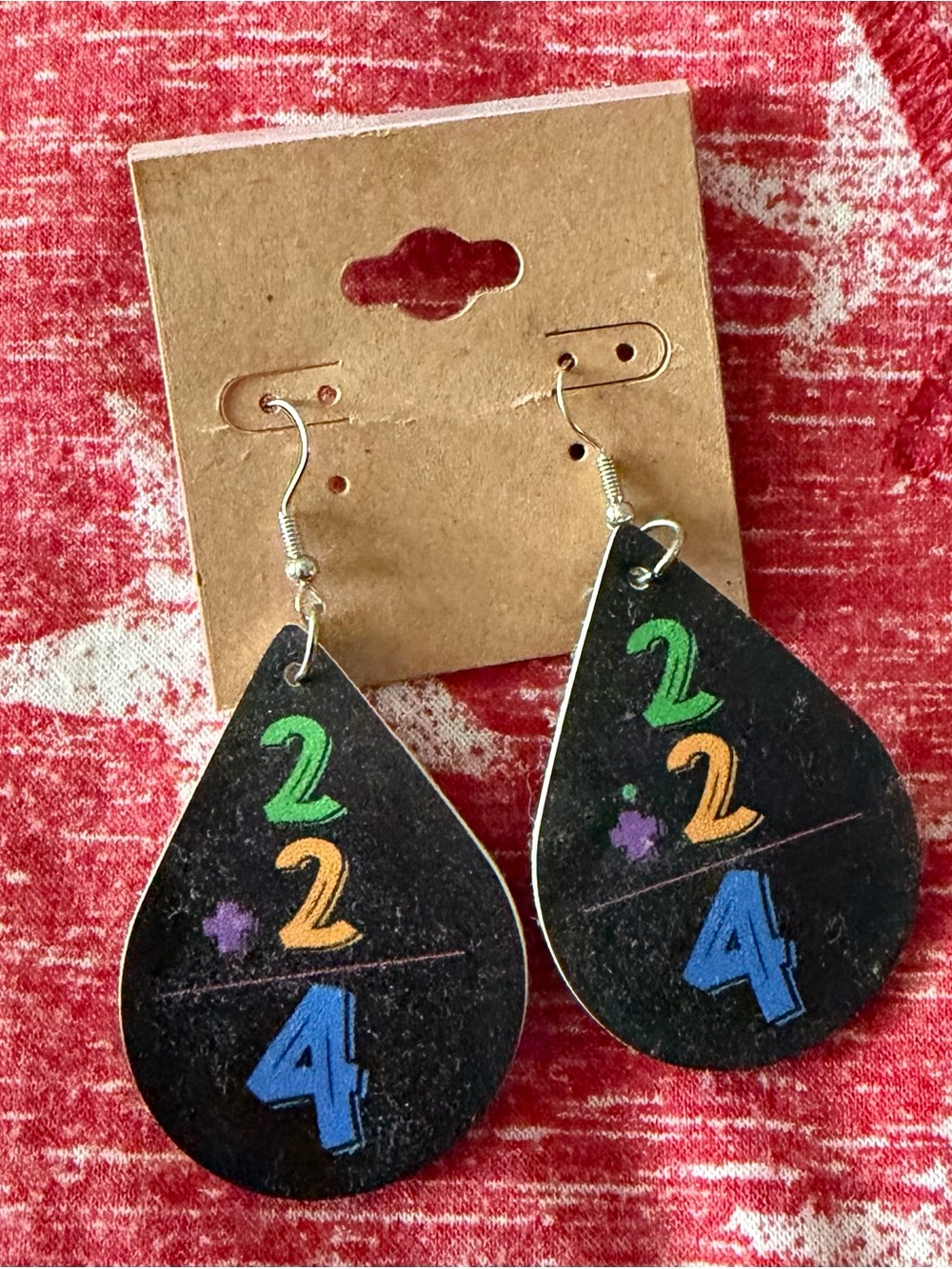 Handpainted Teardrop Earrings with Colorful Numeral Design